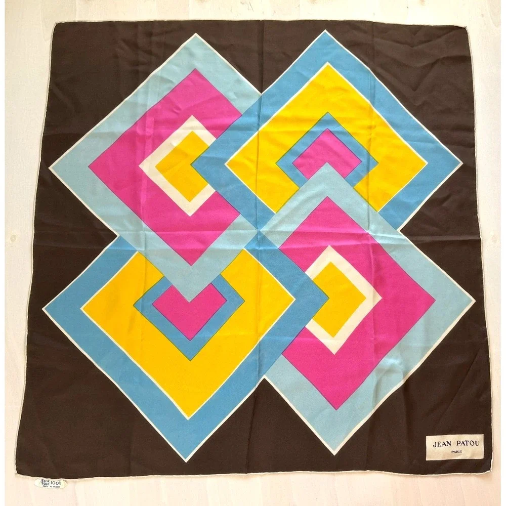 Jean Patuo Paris Geometric VTG Scarf 30''x30'' Fall 100% Silk Hand Rolled Edges